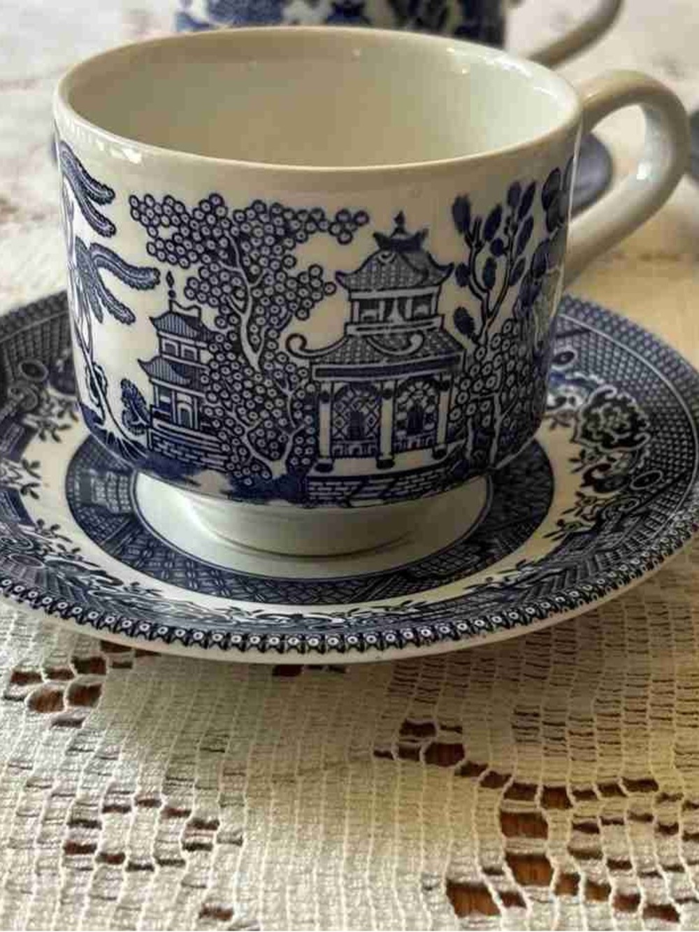 Blue Willow Porcelain Teacup & Saucer - Scenic Blue Transferware